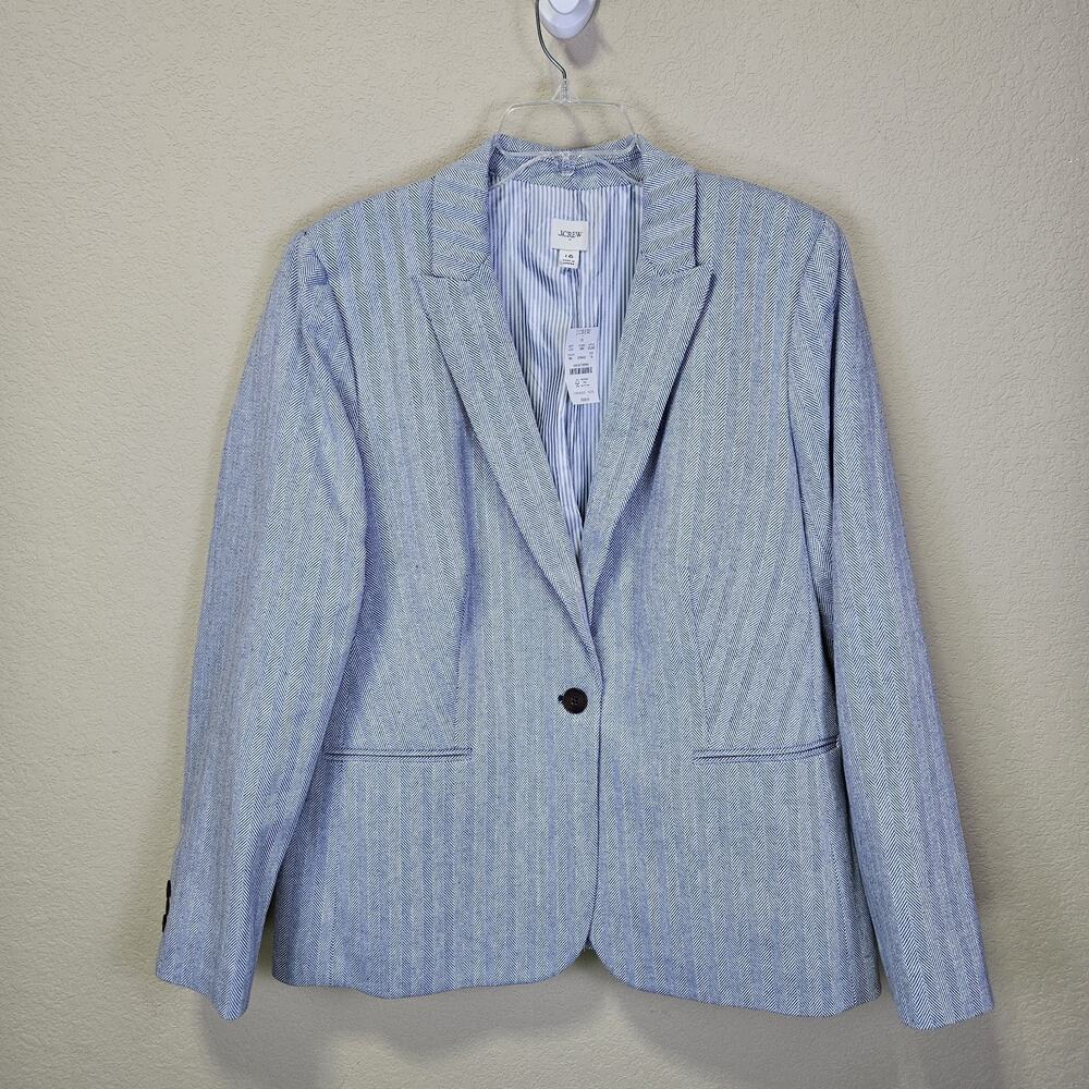 J.Crew Herringbone Blazer Women 16 Cotton Linen Blue White Preppy Academia CL240
